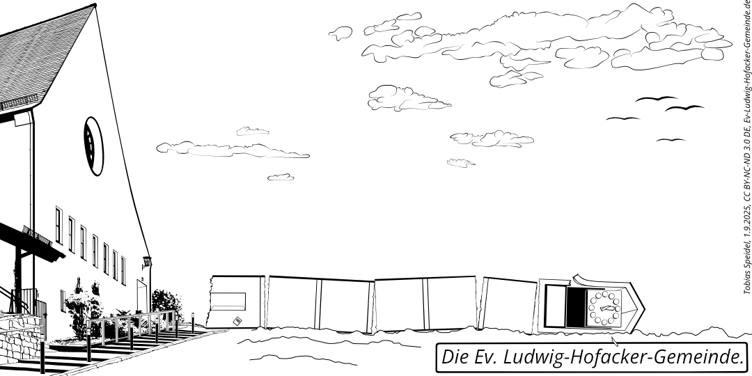 Die Westseite der Ev. Ludwig-Hofacker-Kirche mit ihrem umgestürzten Kirchturm.