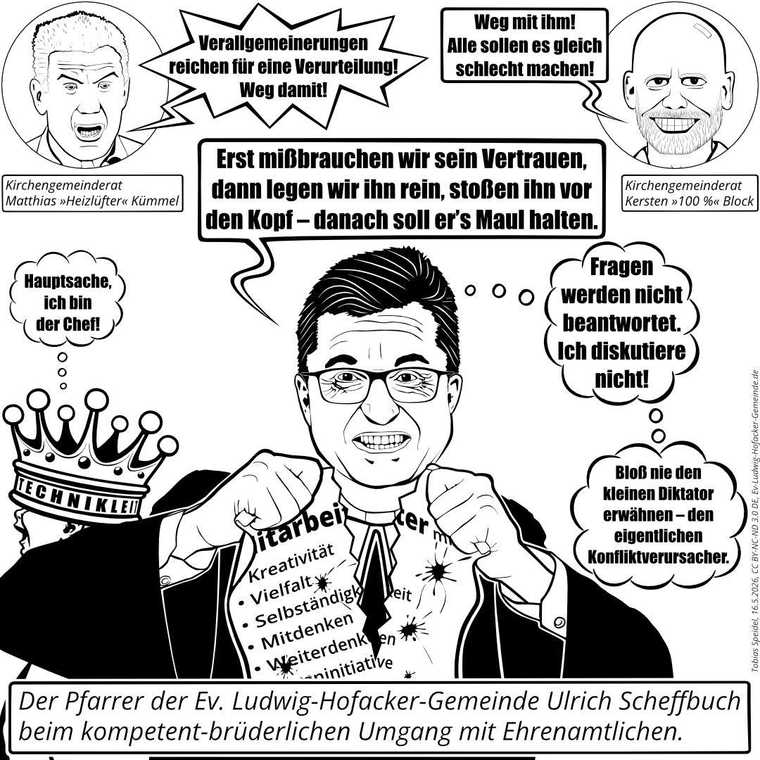 Pfarrer Ulrich Scheffbuch zerreißt die Beschreibung eines ehrenamtlichen und kompetenten Mitarbeiters. Das symbolisiert den diktatorischen Umgang des Pfarrers Ulrich Scheffbuch mit ehrenamtlichen Mitarbeitern in der Evangelischen Ludwig-Hofacker-Gemeinde Stuttgart, wofür auch die Kirchengemeinderäte Matthias Kümmel und Kersten Block stehen.